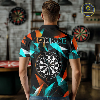 Custom Darts Shirts For Men, Orange And Turquoise Geometric Darts Team Jersey Polo & Quarter Zip TDM6629
