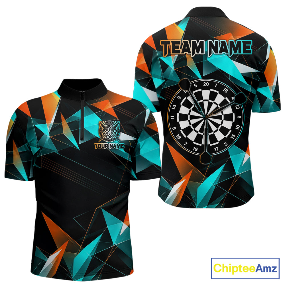 Orange and turquoise darts quarter zip shirt with geometric design and dartboard, customizable name and team name
