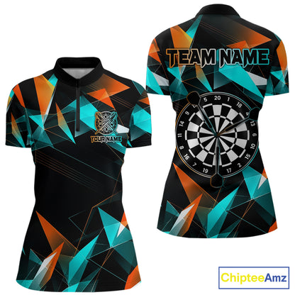 Orange and turquoise darts quarter zip shirt with geometric design and dartboard, customizable name and team name