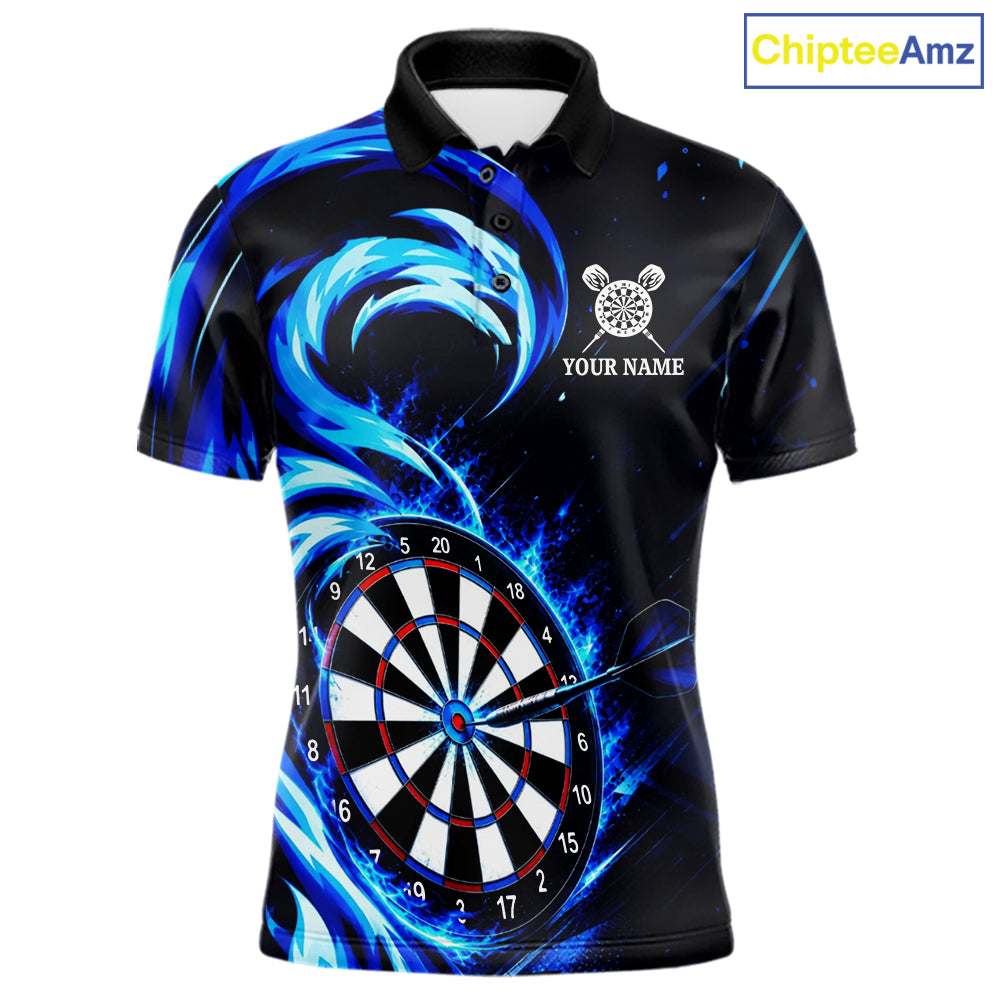 Black and blue flaming darts polo shirt for men with custom player name and team name.