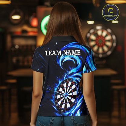 Black And Blue Flame Darts Shirt For Women, Custom Darts League Team Jersey Polo & Quarter Zip TDM6631