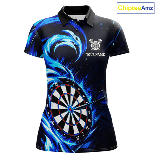 Black and blue flaming darts polo shirt for women with custom player name and team name.