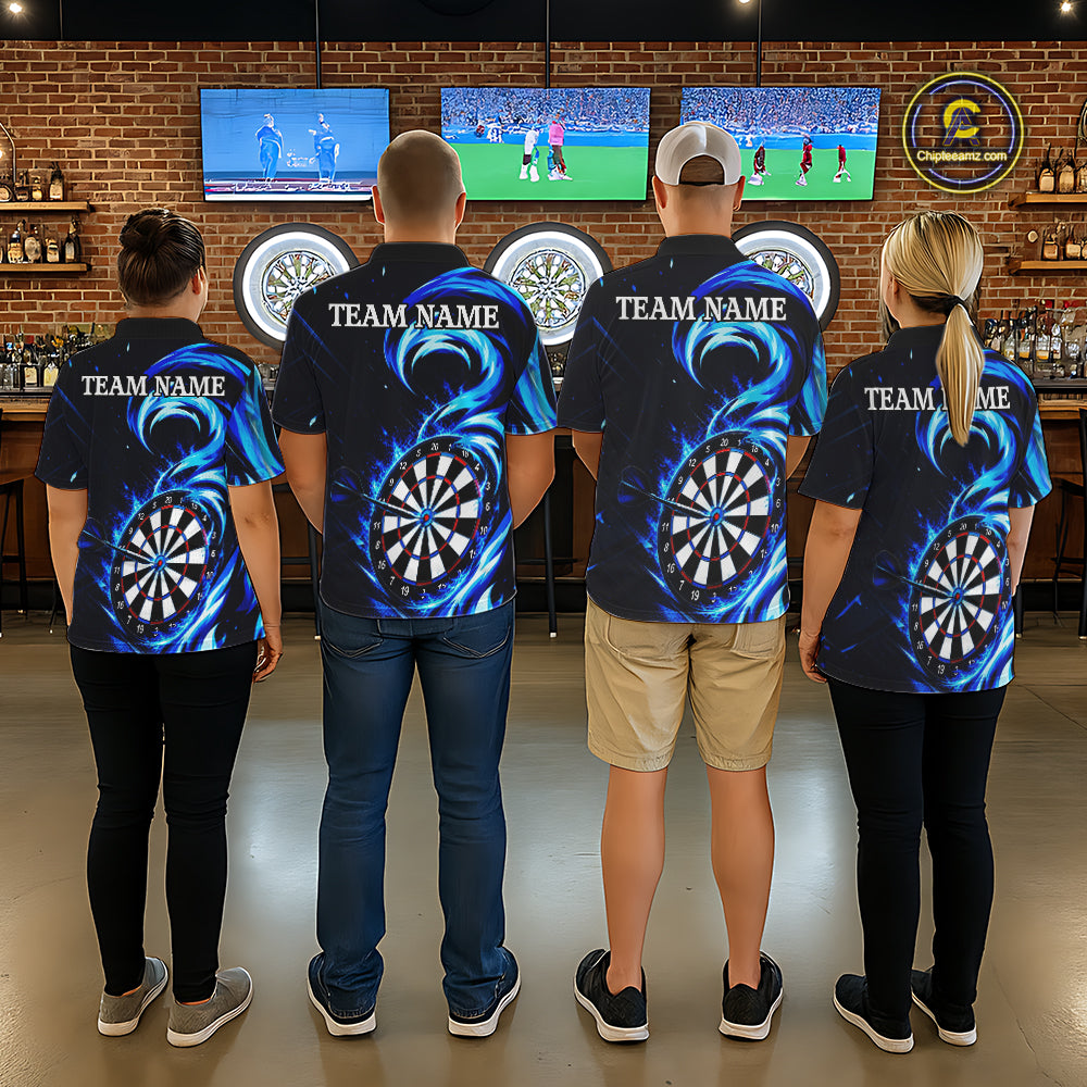 Black And Blue Flame Darts Shirt For Men, Custom Darts League Team Jersey Polo & Quarter Zip TDM6631