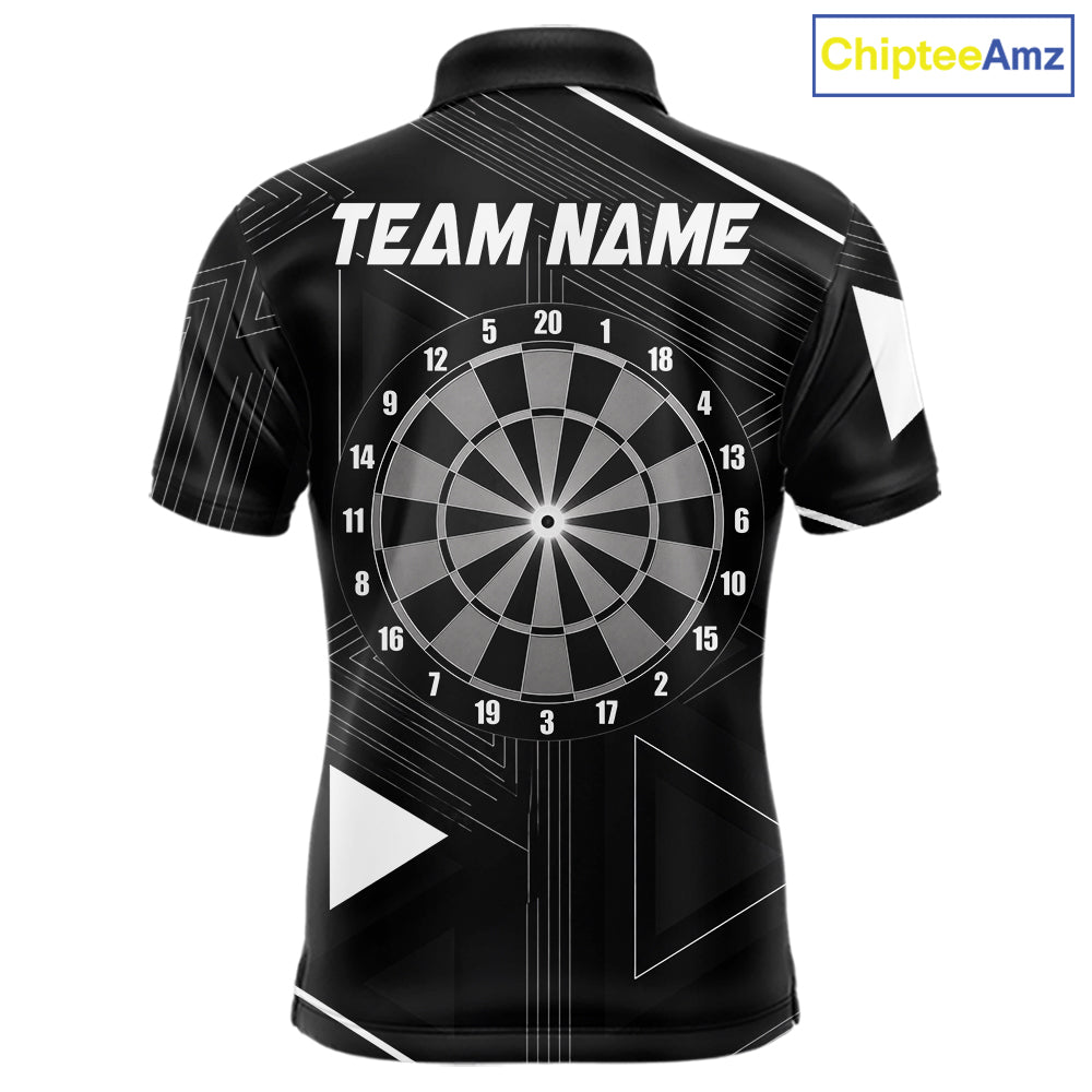 Black polo shirt with dartboard design and customizable text on a geometric background