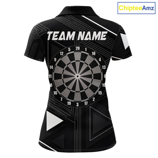 Black polo shirt with dartboard design and customizable text on a geometric background