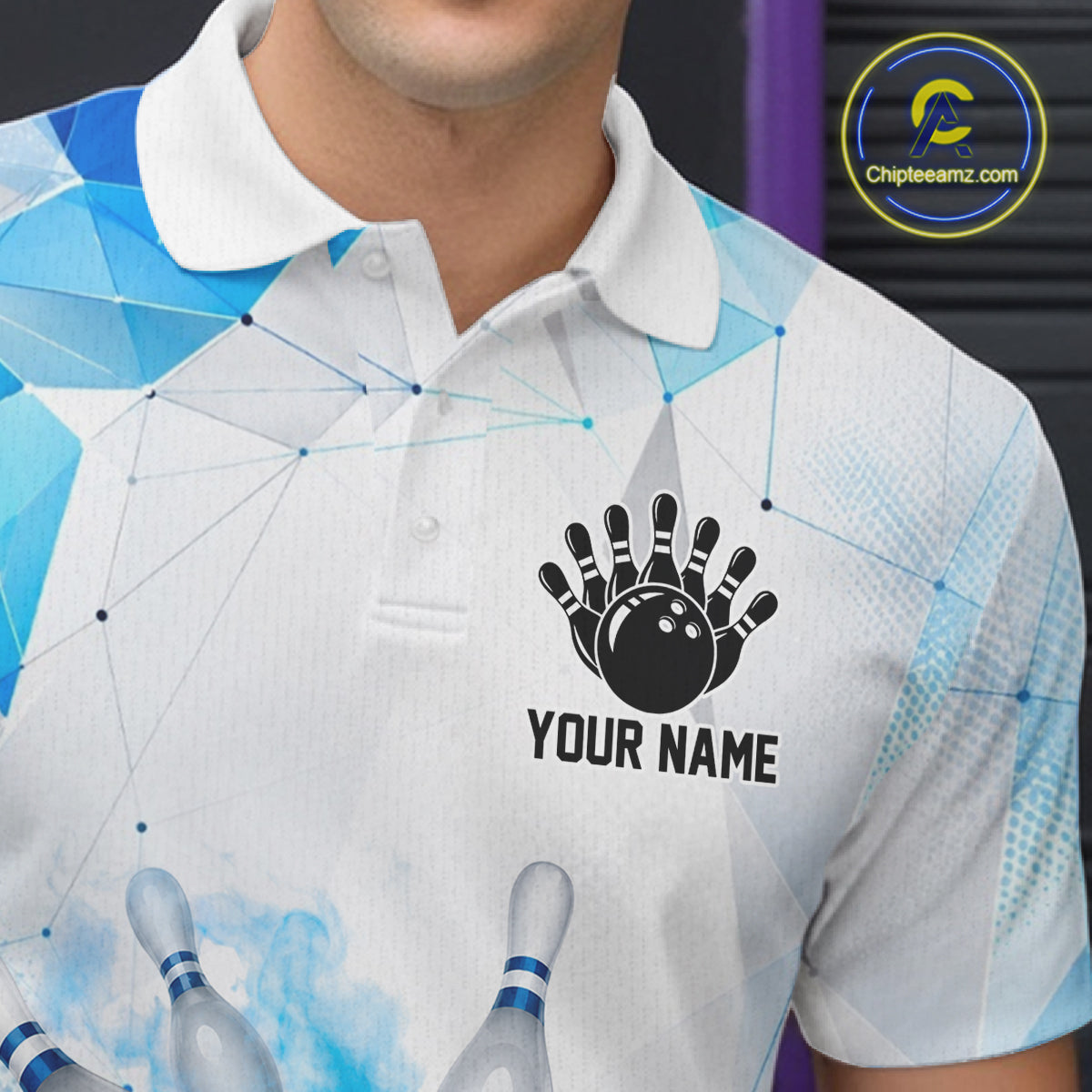 Custom White And Blue Geometric Smoke Bowling Shirts For Men, Bowling Team Jersey Polo & 1/4 Zip TDM6634