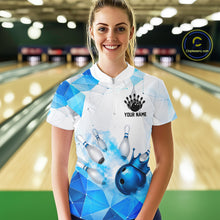 Load image into Gallery viewer, Woman wearing a bowling shirt with a geometric design in a bowling alley, featuring customizable player name and team name.
