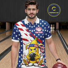 Load image into Gallery viewer, Man wearing a patriotic-themed polo shirt with a banana cartoon character holding a bowling ball in a bowling alley.