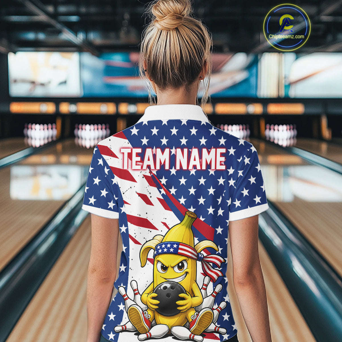 Funny Banana American Flag Bowling Jersey For Women, Custom Patriotic Bowling Shirts Polo & 1/4 Zip TDM6636