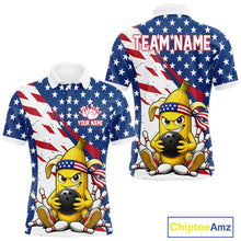 Load image into Gallery viewer, Funny banana American flag bowling polo shirt for men with custom player name and team name.