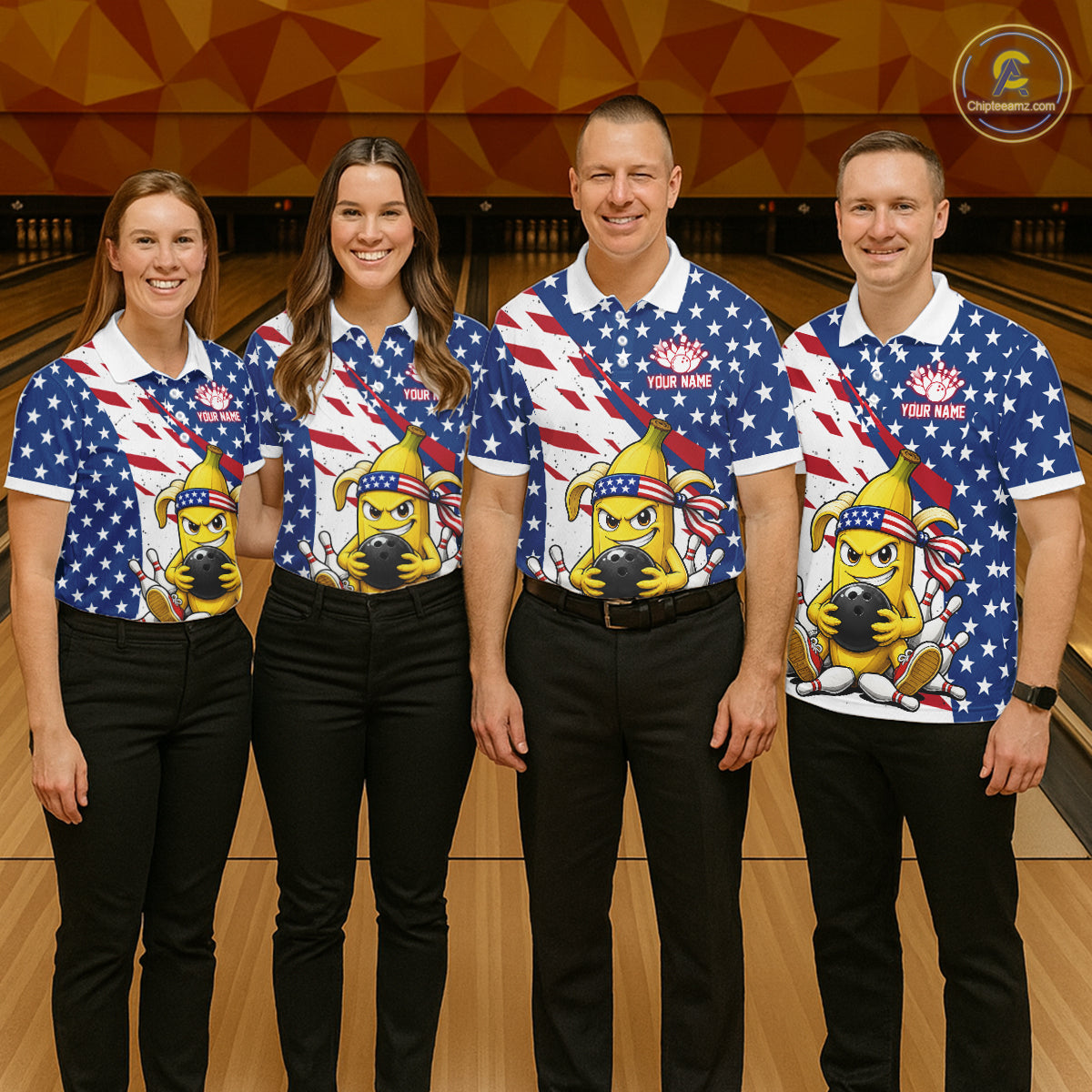 Funny Banana American Flag Bowling Jersey For Women, Custom Patriotic Bowling Shirts Polo & 1/4 Zip TDM6636