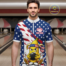 Load image into Gallery viewer, Man wearing a patriotic-themed quarter zip shirt with a banana cartoon character holding a bowling ball in a bowling alley.