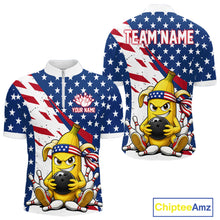 Load image into Gallery viewer, Funny banana American flag bowling quarter zip shirt for men with custom player name and team name.