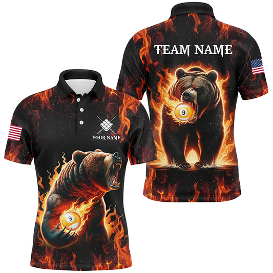 Custom Funny Bear & 9 Ball Pool Fire Flame Men Polo & Quarter-Zip Shirts, Billiard Team Jersey TDM1921