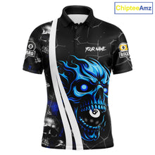 Load image into Gallery viewer, Blue skull 8 ball and 9 ball custom billiard polo shirt for men, pool team jersey and tournament apparel.