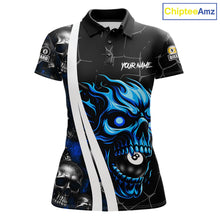 Load image into Gallery viewer, Blue skull 8 ball and 9 ball custom billiard polo shirt for women, pool team jersey and tournament apparel.