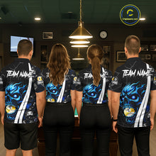Load image into Gallery viewer, Back view of pool team wearing matching blue skull 8 ball and 9 ball billiard shirts.