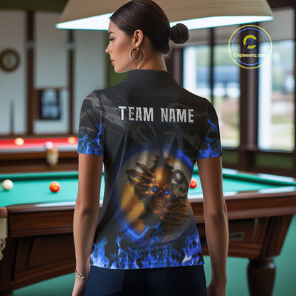 Funny Skull Billiard 8 Ball & 9 Ball Pool Shirt For Women Custom Blue Flaming Billiard Team Jerseys TDM4453