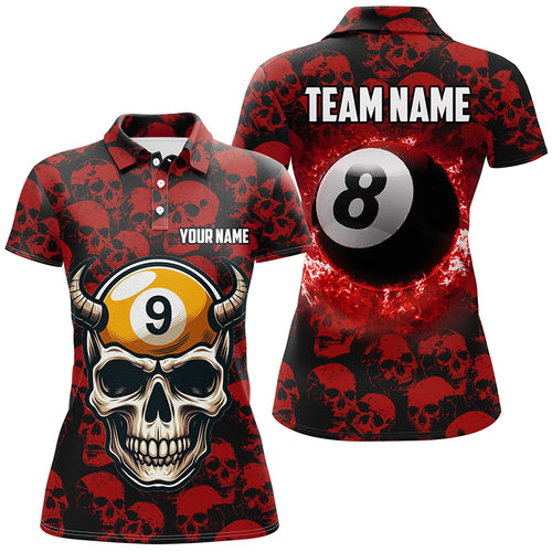 Personalized Billiard Jersey 8 & 9 Ball Custom Funny Skull Pattern Billiard Shirts For Women |Red TDM2370