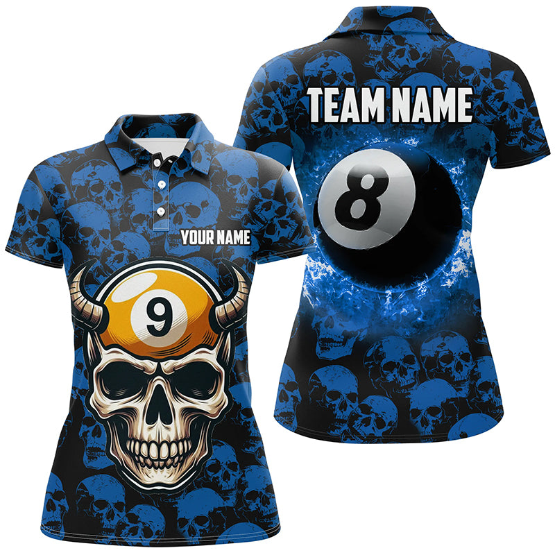 Personalized Billiard Jersey 8 & 9 Ball Custom Funny Skull Pattern Billiard Shirts For Women |Blue TDM2371