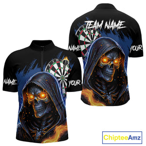 Personalized Blue Death Skeleton Fire Dart Shirts For Men Custom Skull Dart Jersey Polo & 1/4 Zip TDM4892