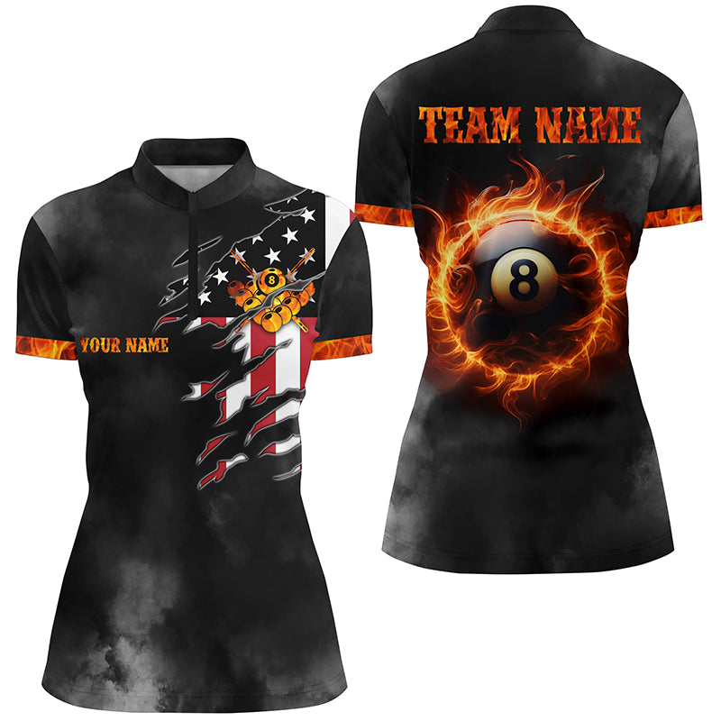 Personalized Flame 8 Ball Pool Billiard Women Quarter-Zip Shirts, Us Flag For Billiard Lover TDM0649