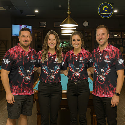Red Flaming American Flag Eagle 8 Ball Billiard Shirt For Men Custom Patriotic Pool Team Jersey TDM5587