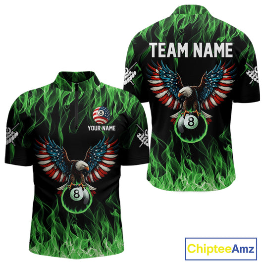 Green Flaming American Flag Eagle 8 Ball Billiard Shirt For Men Custom Patriotic Pool Team Jersey TDM5589
