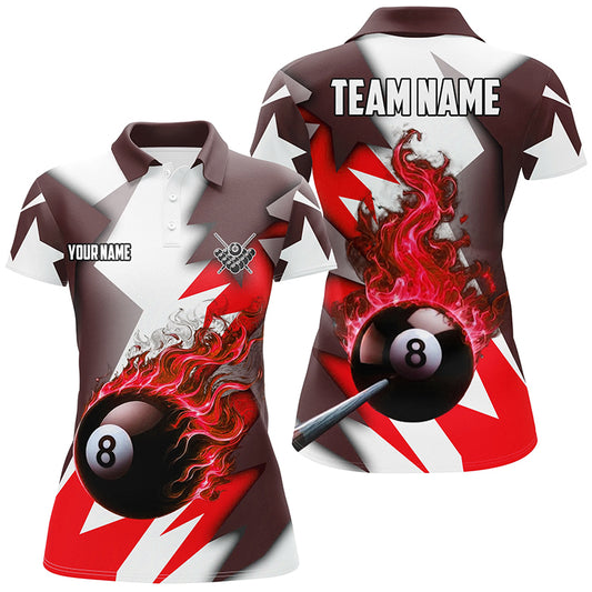 Personalized Red Flaming 8 Ball Pool Jerseys Women Polo Shirts, Best Team League Billiard Shirts TDM1008
