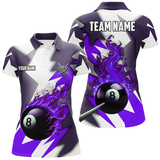 Personalized Purple Flaming 8 Ball Pool Jerseys Women Polo Shirts, Best Team League Billiard Shirts TDM1009