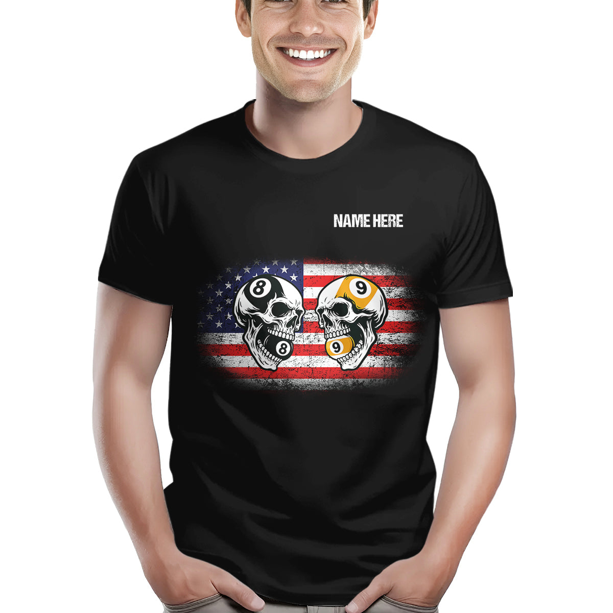 Funny Skull Billiard 8 Ball & 9 Ball Pool T-Shirts Custom Grunge American Flag Billiard Shirts TDM3932