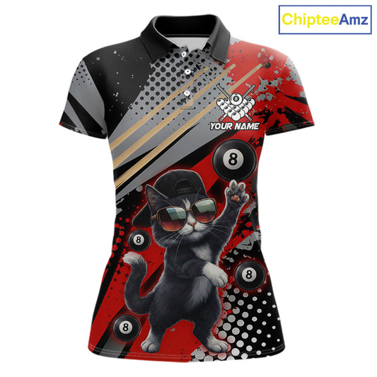 Custom Red Funny Cat Billiard Shirt For Women, Personalized 8 Ball Pool Team Jersey Polo & 1/4 Zip TDM6441