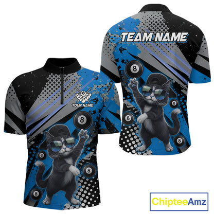 Custom Blue Funny Cat Billiard Shirt For Men, Personalized 8 Ball Pool Team Jersey Polo & 1/4 Zip TDM6442