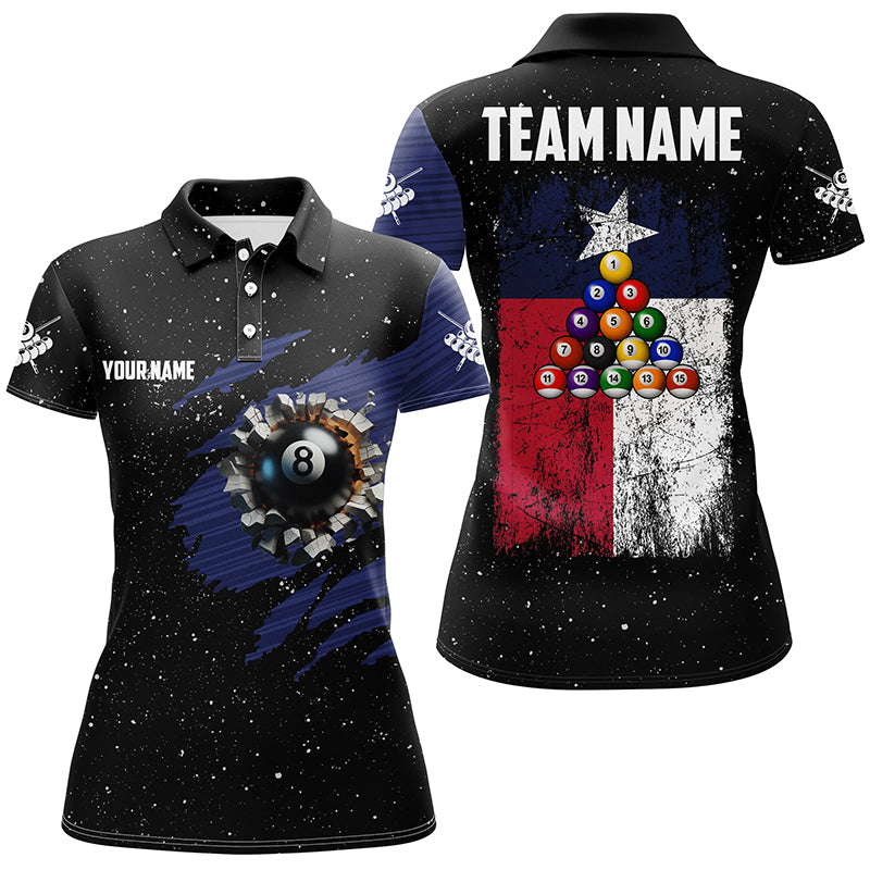 Customized Grunge Texas Flag 8 Ball Pool Women Billiard Jersey Shirts, Patriotic Pool Player Shirts TDM1714