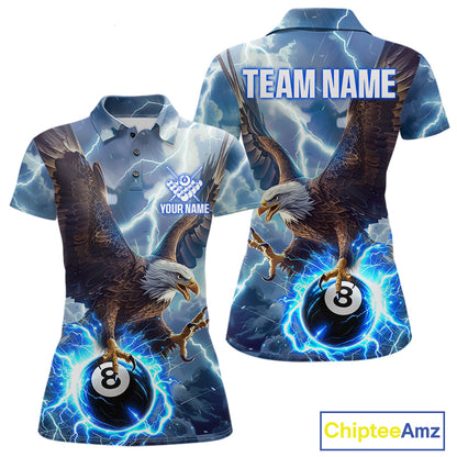 Custom blue thunder eagle pool jersey for women with bold billiard team artwork.