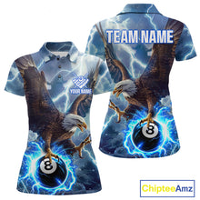 Load image into Gallery viewer, Custom blue thunder eagle pool jersey for women with bold billiard team artwork.