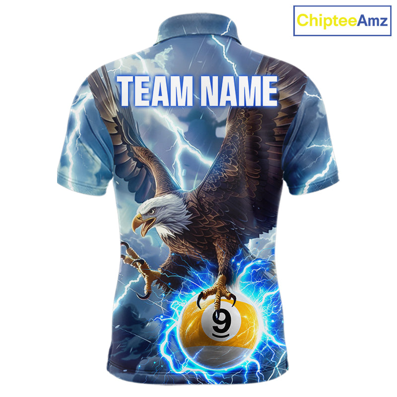 Custom blue lightning eagle pool jersey for men with patriotic billiard artwork.