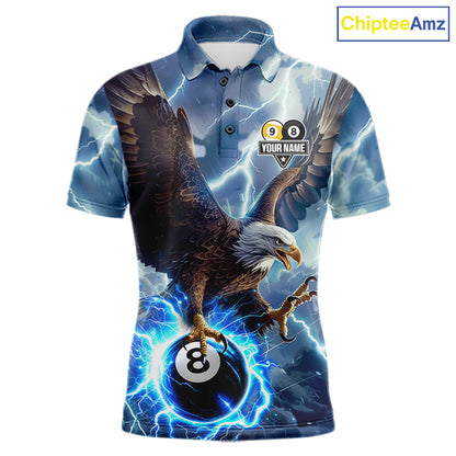 Custom blue lightning eagle pool jersey for men with patriotic billiard artwork.