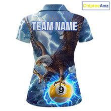Load image into Gallery viewer, Custom blue lightning eagle pool jersey for women with patriotic billiard artwork.