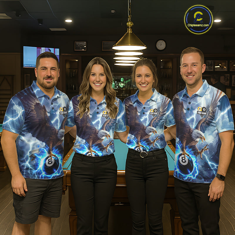 Pool team wearing matching blue lightning eagle billiard jerseys during tournament play front view.