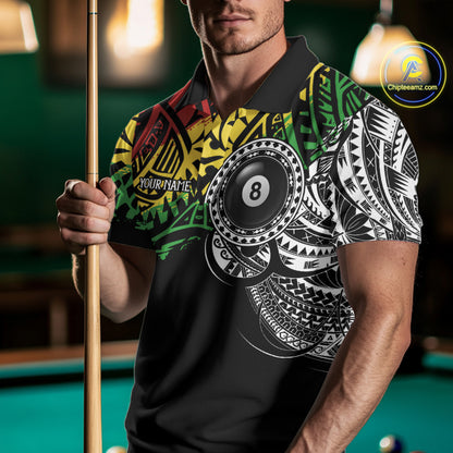 Man wearing a tribal 8 ball billiard jersey beside a pool table front view.