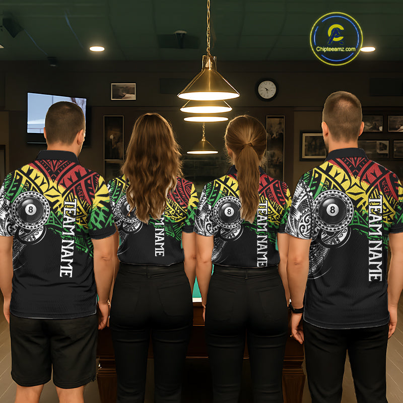 Back view of pool players wearing custom tribal billiard shirts in a game room.