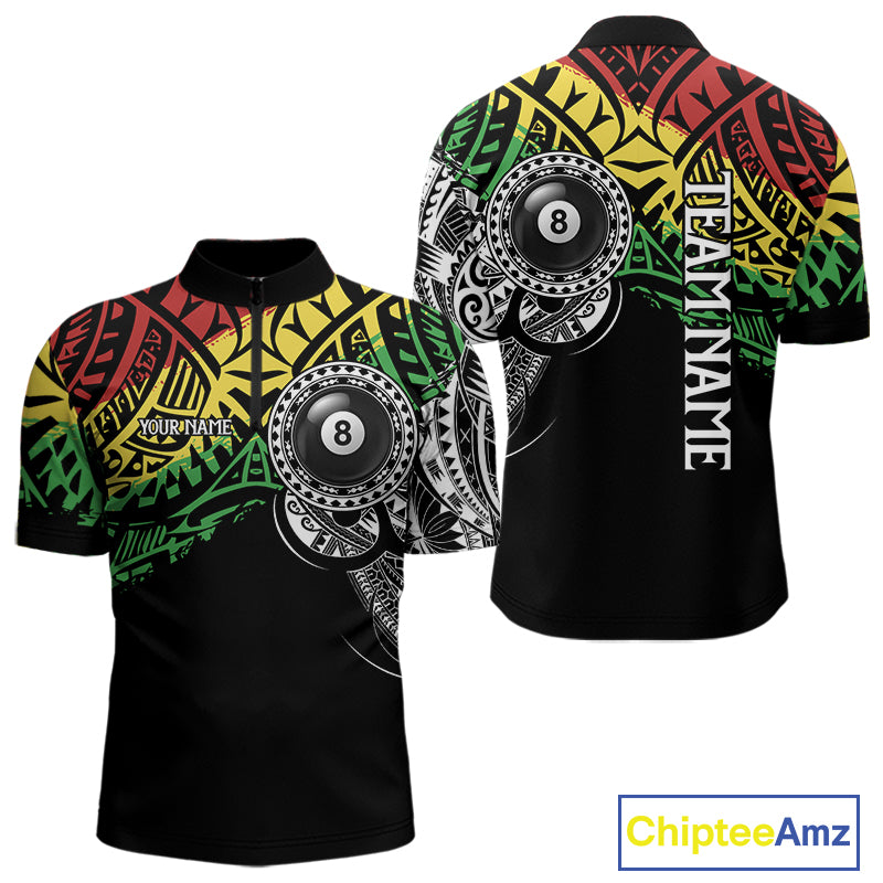 Men’s tribal 8 ball billiard quarter zip shirt designed for tournaments and team matches.