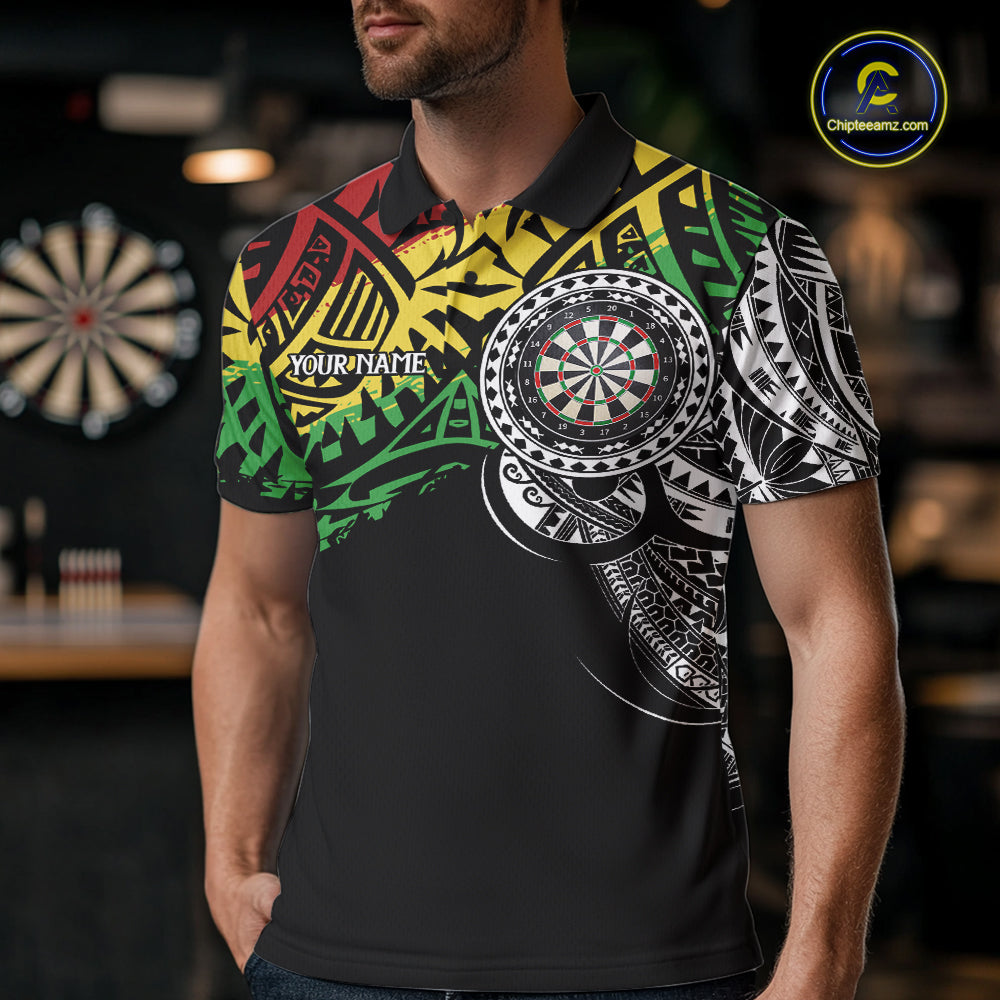 Man wearing a tribal pattern darts jersey during league play in a darts bar front view.