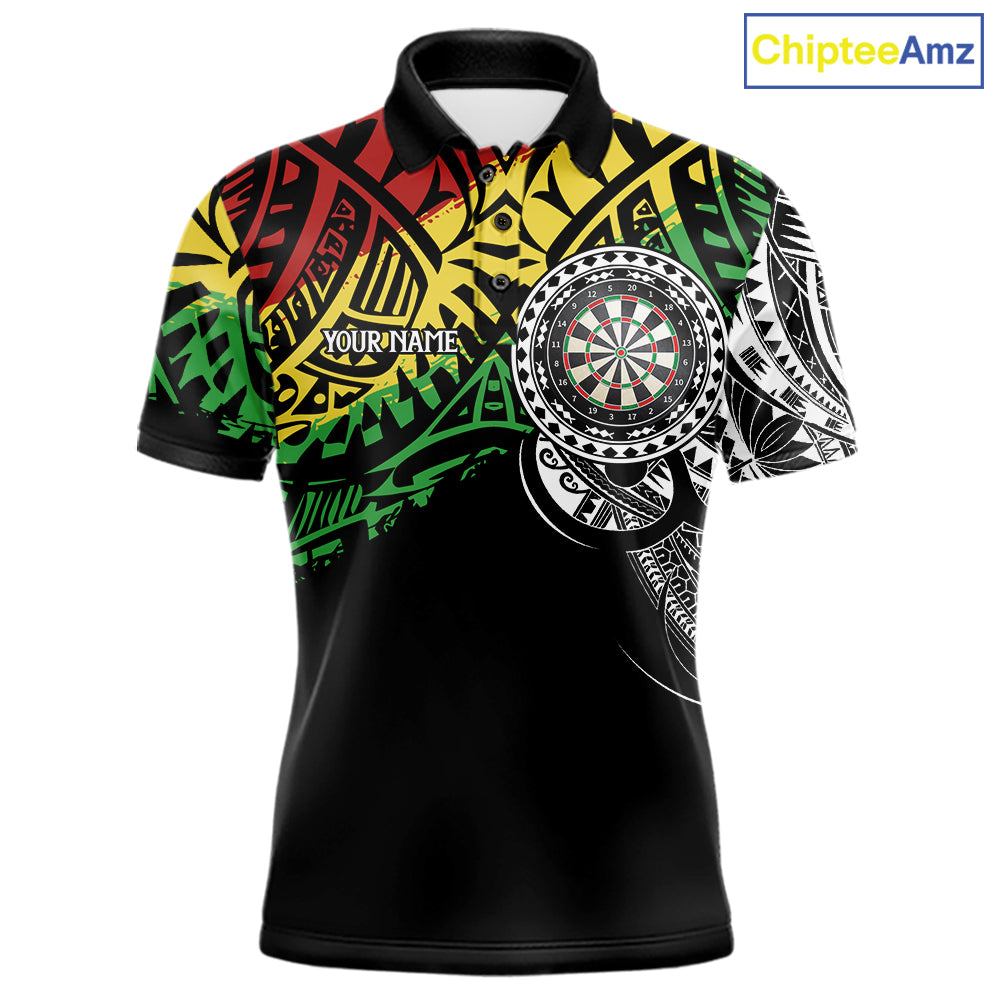 Men’s tribal pattern darts polo shirt with personalized team details for league and tournament play.
