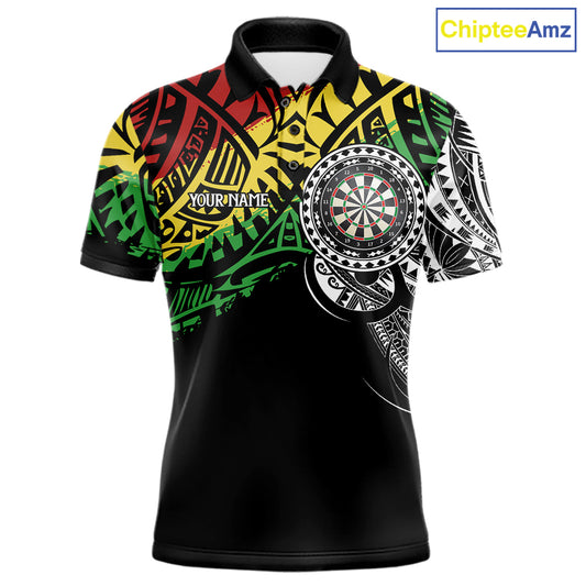 Men’s tribal pattern darts polo shirt with personalized team details for league and tournament play.