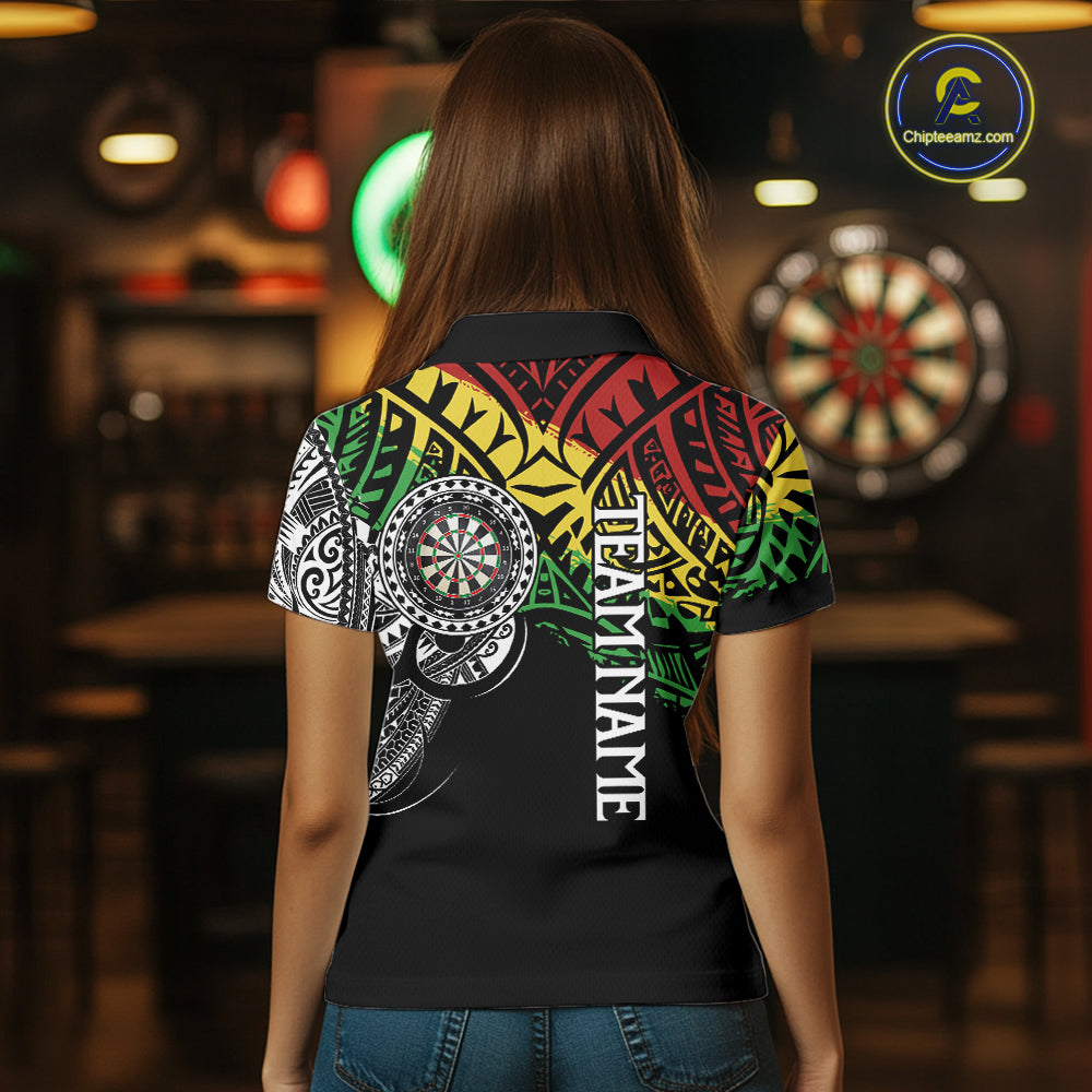 Back view of woman wearing a personalized tribal darts team shirt with custom graphics.