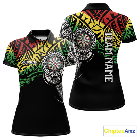 Custom tribal darts polo jersey for women with bold graphics and personalized player name style.