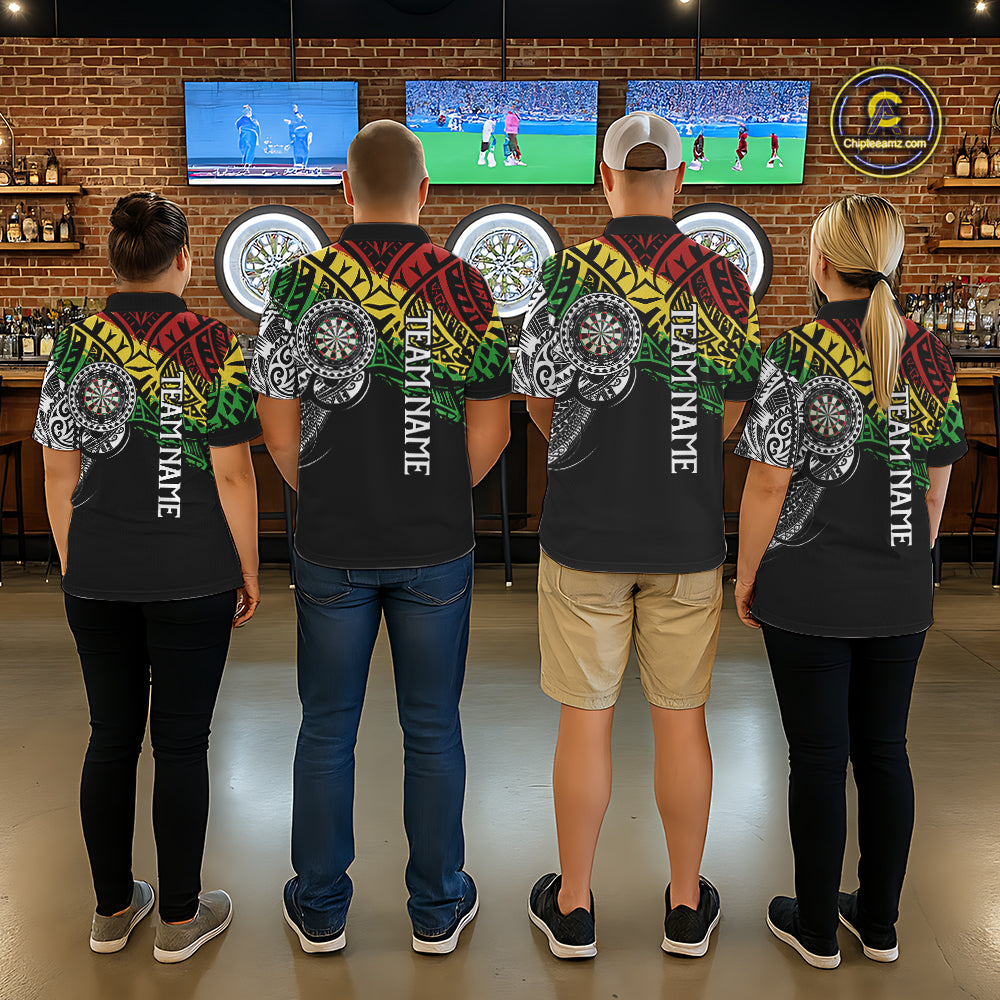 Back view of darts team wearing custom tribal darts jerseys in a game room.
