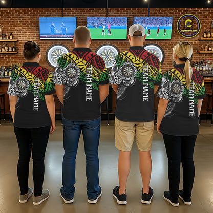 Back view of darts team wearing custom tribal darts jerseys in a game room.